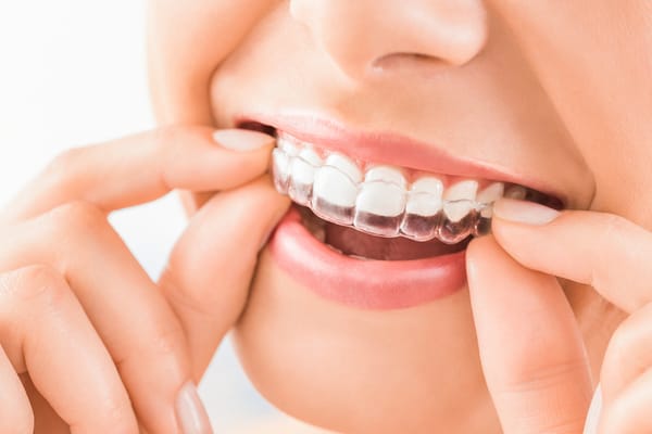 Woman putting invisalign on her teeth